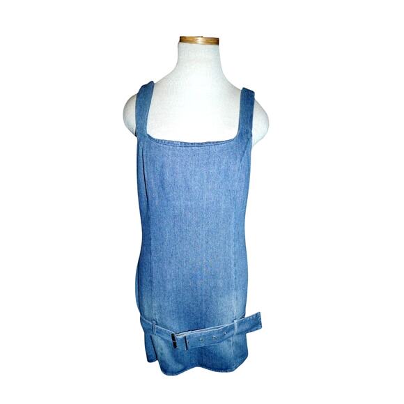 LE LIS Denim Mini Dress M Belted Tank Sleeveless Square Neck Blue Y2K Casual - Picture 16 of 16